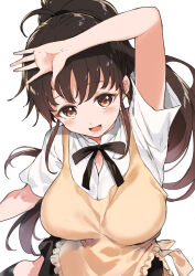 1girl apron black_skirt breasts brown_eyes brown_hair collared_shirt commentary_request dress_shirt highres large_breasts long_hair mutsutake ponytail shirt simple_background skirt solo taneshima_popura upper_body wagnaria_uniform waitress white_background white_shirt working!! yellow_apron