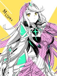 1girl aegis_sword_(xenoblade) bare_shoulders breasts chest_jewel cleavage core_crystal_(xenoblade) dress earrings floating_earrings gem gloves headpiece highres jewelry long_hair looking_at_viewer microdress mythra_(xenoblade) solo swept_bangs tiara ui_frara very_long_hair xenoblade_chronicles_(series) xenoblade_chronicles_2 yellow_eyes