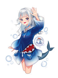 1girl animal_costume aqua_nails blue_eyes blue_hair blue_hoodie bubble commentary fingernails fins fish_tail gawr_gura gawr_gura_(1st_costume) hair_ornament hand_up highres hololive hololive_english hood hood_down hoodie laggingdlc long_hair looking_at_viewer medium_hair multicolored_hair open_mouth pocket shark_costume shark_girl shark_hair_ornament shark_tail sharp_teeth simple_background sky smile solo standing streaked_hair tail tearing_up teeth two_side_up virtual_youtuber waving white_background white_hair