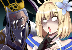1boy 1girl antenna_hair archetype_earth arcueid_brunestud bare_shoulders black_gloves blank_eyes blonde_hair chen_gong_(fate) choker commentary_request dark-skinned_male dark_skin facial_mark fate/grand_order fate_(series) flower forehead_mark glasses gloom_(expression) gloves grey_hair hair_flower hair_ornament hat makishima_rin nervous_sweating opaque_glasses partially_opaque_glasses shaded_face single_hair_intake sweat tsukihime white_choker white_gloves