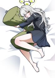 1girl absurdres barefoot black_pajamas black_shirt blue_archive blunt_bangs blush body_pillow commentary days_(user_zehd4554) feet green_eyes green_halo grey_hair hair_down hair_intakes halo hare_(blue_archive) hare_(pajamas)_(blue_archive) highres holding holding_pillow hugging_object long_hair long_sleeves looking_at_viewer lying official_alternate_costume open_mouth pajamas pillow pillow_hug shirt solo squeans thighs
