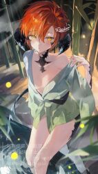 Rule 34 | 1girl, absurdres, au ra, bamboo, bamboo forest, breasts, dragon girl, dragon horns, dragon tail, final fantasy, final fantasy xiv, forest, highres, horns, looking at viewer, loose kimono, nature, orange hair, scales, shikina (mochigushi ), short hair, signature, soaking feet, solo, tail, warrior of light (ff14), yellow eyes