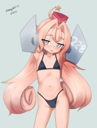 Rule 34 | 1girl, absurdres, alternate costume, arms behind back, bikini, black bikini, dated, drum (kancolle), flat chest, garrison cap, grey background, grey eyes, hair ornament, hair rings, hat, headgear, highres, kantai collection, long hair, maru (marg0613), one-hour drawing challenge, pink hair, red hat, simple background, solo, star (symbol), star hair ornament, star ornament, swimsuit, twitter username, very long hair
