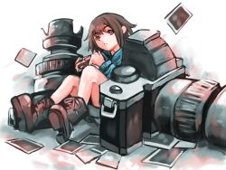 1girl boots brown_eyes brown_hair camera etain_(e_t_a_i_n) grey_shorts highres holding holding_camera hori_chie oversized_camera photo_(object) shorts simple_background sitting solo tokyo_ghoul white_background
