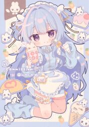 Rule 34 | 1girl, :&lt;, apron, blue border, blue hair, blue jacket, blue nails, blunt bangs, blush, border, borrowed character, cake, cake slice, closed mouth, commentary, commission, crumbs, cup, drinking glass, food, fork, frilled apron, frilled thigh strap, frills, full body, highres, holding, holding cup, holding fork, ice cream, jacket, jersey maid, kamizakana iriko, leg warmers, long hair, long sleeves, looking at viewer, maid, maid headdress, nail polish, omelet, omurice, original, outside border, purple eyes, rabbit, shoes, skeb commission, solo, thigh strap, track jacket, unconventional maid, very long hair, white apron, white background, white shoes, zipper