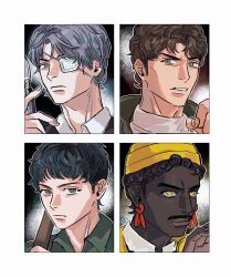 Rule 34 | 4boys, absurdres, black hair, border, brown eyes, brown hair, closed mouth, collared shirt, commentary, daan (fear &amp; hunger), dark-skinned male, dark skin, earrings, english commentary, eyepatch, facial hair, fear &amp; hunger (series), fear &amp; hunger 2: termina, green jumpsuit, grey hair, hat, highres, holding scalpel, jewelry, jumpsuit, levi (fear &amp; hunger), male focus, marcoh (fear &amp; hunger), mayflyaa, medical eyepatch, multiple boys, mustache, o&#039;saa (fear &amp; hunger), parted lips, scalpel, shirt, white border, yellow eyes, yellow hat