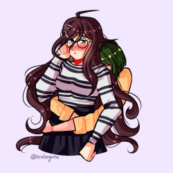 2girls ahoge alternate_costume black_skirt blush danganronpa_(series) danganronpa_another_episode:_ultra_despair_girls female_focus fukawa_toko glasses green_hair hair_ornament hairclip hand_on_own_face hand_up highres matching_hair/eyes multiple_girls naegi_komaru nose nose_blush open_mouth palms pleated_skirt purple_background purple_eyes purple_hair round_eyewear shirt simple_background skirt striped_clothes striped_shirt troloyunu upper_body white_shirt yellow_shirt yuri