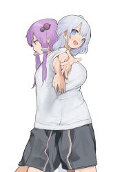 2girls black_shorts breasts closed_mouth cowboy_shot grey_hair highres kizuna_akari large_breasts looking_at_viewer multiple_girls open_mouth pocche-ex purple_hair shared_shirt shirt shorts simple_background small_breasts smile voiceroid white_background white_shirt yuzuki_yukari