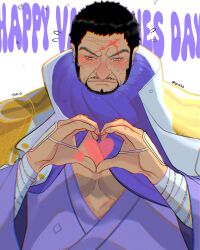 Rule 34 | 1boy, bandaged arm, bandages, bara, black hair, blind, blush, facial hair, hands up, heart, heart hands, highres, issho (fujitora), male focus, mature male, mustache stubble, octo33, old, old man, one piece, pectoral cleavage, pectorals, scar, scar across eye, scar on face, scar on forehead, short hair, shy, simple background, solo, stubble, unusually open eyes, upper body, wrinkled skin
