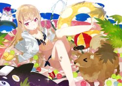 1girl bad_feet ball bandaid barefoot beachball bikini blonde_hair day dog female_focus hair_ornament hairclip holding hose in_water innertube karei_(hirameme) long_hair navel open_mouth original red_eyes reflection rubber_duck sitting solo swim_ring swimsuit wading_pool water