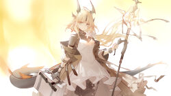 1girl absurdres ahoge arknights black_horns black_pantyhose black_tail blonde_hair blunt_bangs bodysuit bodysuit_under_clothes breasts briefcase bright_background brown_bodysuit commentary dragon_girl dragon_horns dragon_tail dress english_commentary floating_hair flower gloves green_eyes grey_gloves hair_flower hair_ornament highres holding holding_briefcase holding_staff horns long_hair looking_at_viewer luozhou_pile off_shoulder pantyhose reed_(arknights) reed_the_flame_shadow_(arknights) single_glove small_breasts smile solo staff standing tail very_long_hair white_dress