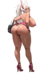 1girl absurdres animal_ears areola_slip ass back bag blush boku_no_hero_academia breasts butt_crack butt_plug c-string dark-skinned_female dark_skin gem_pasties heart-shaped_butt_plug high_heels highres huge_breasts jasony jewel_butt_plug long_eyelashes long_hair looking_at_viewer looking_back miniskirt mirko parted_bangs pink_skirt ponytail rabbit_ears rabbit_girl rabbit_tail red_eyes school_bag sex_toy skirt solo strapless_bottom tail tan tanline thick_thighs thighs topless_female white_hair