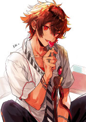 1boy :q absurdres ace_trappola black_necktie black_pants blush book bracelet candy collarbone commentary_request diagonal-striped_clothes diagonal-striped_necktie food hair_between_eyes heart heart-shaped_food heart-shaped_lollipop heart_ornament heart_ring highres holding holding_candy holding_food holding_lollipop jewelry licking lollipop looking_at_viewer male_focus nana_tetra necktie pants red_eyes red_hair red_ribbon removing_earbuds ribbon ring shaped_lollipop short_hair simple_background sitting solo striped_clothes tongue tongue_out translation_request twisted_wonderland two-tone_necktie upper_body white_background white_necktie