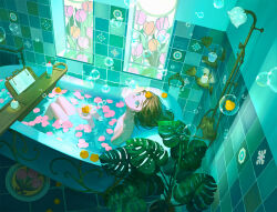Rule 34 | 1girl, afloat, aqua eyes, bath, bathing, bathroom, bathtub, bathtub tray, bendy straw, book, book stand, brown hair, bubble, candle, cherry, completely nude, cup, drink, drinking glass, drinking straw, floating, floating object, flower, flower pot, food, fruit, head back, holding, holding toy, ice cream, ice cream float, in bathtub, indoors, knees up, leaf, long hair, looking up, nude, object on head, open book, orange flower, orange tulip, original, partially submerged, petals, petals on liquid, pink flower, pink petals, pink tulip, plant, pofu31, potted plant, radiator, rubber duck, shampoo bottle, shower head, signature, soap bottle, solo, stained glass, tile floor, tile wall, tiles, towel, toy, translucent, tulip, twitter username, water, wet