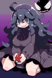 1girl @_@ ahoge alternate_breast_size black_hair breasts dress gastly gen_1_pokemon hair_between_eyes hairband hex_maniac_(pokemon) highres holding holding_poke_ball kneeling large_breasts long_hair looking_at_viewer nintendo open_mouth poke_ball pokemon pokemon_(creature) pokemon_xy purple_hairband smile tsukinoha_mio
