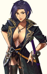 breasts brown_eyes commentary commission dagger earrings highres jewelry knife long_coat madoro_q mole mole_under_eye necklace original scar scar_on_face short_hair simple_background skeb_commission sword weapon white_background