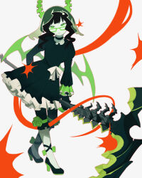 Rule 34 | 1girl, black choker, black dress, black hair, black rock shooter, choker, dead master, dress, green eyes, green horns, high heels, highres, horns, leggings, medium hair, pale skin, scythe, skeletal wings, solo, wings, yucinx xx