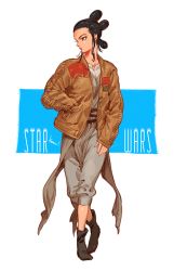 1girl black_hair female_focus hair_bun hand_in_pocket jacket kotteri rey_(star_wars) single_hair_bun solo star_wars