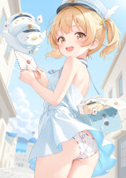 1girl ass bag blonde_hair dress envelope hat highres holding looking_at_viewer original outdoors panties rebun twintails underwear white_dress white_panties