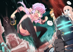 Rule 34 | 1boy, 4girls, armor, black legwear, closed eyes, commentary request, dead space, glowing, gyari (imagesdawn) (style), hair ornament, helmet, hood, hooded jacket, isaac clarke, jacket, kizuna akari, multiple girls, open mouth, panties, pantyshot, petenshi (dr. vermilion), purple hair, short hair with long locks, stomping, striped legwear, thighhighs, thumbs up, translation request, tsurumaki maki, underwear, voiceroid, weapon, yuzuki yukari