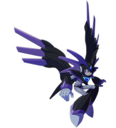Rule 34 | 1boy, absurdres, android, armor, bass (mega man), black armor, black helmet, chest jewel, closed mouth, facial mark, flying, forehead jewel, full body, gloves, helmet, helmet over one eye, highres, hiyoko ai, jewelry, male focus, mechanical wings, mega man (classic), mega man (series), one eye covered, powering up, red eyes, robot, robot ears, shoulder armor, simple background, solo, super bass (mega man), white background, white gloves, winged helmet, wings