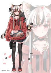 1girl animal animal_ear_fluff animal_ears animal_on_shoulder bell black_choker black_hair black_skirt black_thighhighs bow brown_hair cherry_blossoms choker closed_mouth collarbone copyright_request flower grey_hair hand_in_pocket highres hood hood_down hooded_jacket jacket jingle_bell layered_skirt long_hair long_sleeves mito_(go!go!king!) multicolored_hair petals pink_flower pleated_skirt puffy_long_sleeves puffy_sleeves red_eyes red_jacket red_shoes shoes simple_background skirt sleeves_past_fingers sleeves_past_wrists smile solo streaked_hair tail tail_bell tail_bow tail_ornament thighhighs very_long_hair virtual_youtuber white_background zoom_layer