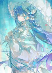 1girl bingbing_(hrppbb) blue_background blue_hair blue_theme commentary_request commission cowboy_shot dress frilled_umbrella frills hair_between_eyes hat highres holding holding_umbrella long_hair long_sleeves looking_at_viewer original petals ripples sample_watermark solo standing umbrella watermark white_dress white_hat white_umbrella