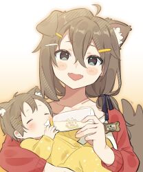 1boy 1girl :d ahoge animal_ear_fluff animal_ears baby blue_eyes blush_stickers brown_hair carrying carrying_baby carrying_person closed_eyes collarbone commentary dog_ears dog_girl dog_tail double-parted_bangs fangs feeding hair_between_eyes hair_ornament hairclip highres long_hair long_sleeves looking_at_viewer mamehinata mother_and_son notamaru_2 open_mouth raglan_sleeves red_sleeves shirt skin_fangs smile tail vrchat white_shirt yellow_shirt