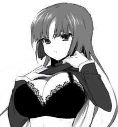 Rule 34 | 1990s (style), 1girl, annoyed, bra, breasts, clothes lift, female focus, gloves, greyscale, gym leader, hime cut, hizuki akira, lace, lace-trimmed bra, lace trim, large breasts, lingerie, long hair, monochrome, nintendo, pokemon, pokemon rgby, retro artstyle, sabrina (pokemon), shirt lift, solo, underwear, upper body