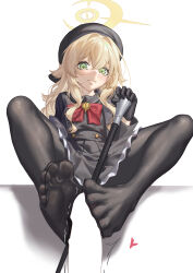 1boy 1girl absurdres beret black_coat black_gloves black_hat black_pantyhose black_sailor_collar black_serafuku blonde_hair blue_archive bow bowtie cane censored coat feet fluffy_hair footjob full_body gloves green_eyes halo hat highres holding holding_cane lamb_ovis legs long_hair looking_at_viewer no_shoes open_clothes open_coat pantyhose penis pov professor_niyaniya_(blue_archive) red_bow red_bowtie sailor_collar school_uniform serafuku side_ahoge sitting smile solo_focus yellow_halo