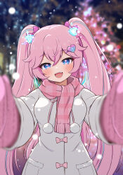 1girl :d angelic_buster blue_eyes blue_hair blurry blurry_background blush breasts coat commentary_request depth_of_field drawstring fringe_trim hair_between_eyes hair_ornament hairclip head_tilt heart heart_hair_ornament highres horns long_hair looking_at_viewer maplestory medium_breasts mittens multicolored_hair nekono_rin night open_mouth outdoors pink_hair pink_mittens pink_scarf plaid_clothes plaid_scarf reaching reaching_towards_viewer scarf smile snow solo streaked_hair twintails unmoving_pattern upper_body very_long_hair white_coat