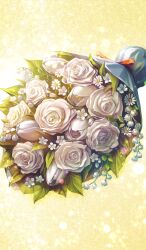 bouquet chocolate_lady_no_karasawagi commentary fate/grand_order fate_(series) flower flower_focus flower_request lasengle light_particles lily_of_the_valley no_humans official_art rose third-party_source white_flower white_rose yellow_background