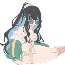 Rule 34 | 1girl, belly chain, bikini, black hair, blue-tinted eyewear, blue hair, colored inner hair, cupless bikini, eyeliner, fate/grand order, fate (series), green jacket, grey eyes, high ponytail, highres, jacket, jewelry, kaigan0211, looking at viewer, looking over eyewear, makeup, multicolored hair, ponytail, round eyewear, solo, sunglasses, swimsuit, tenochtitlan (fate), tenochtitlan (swimsuit mooncancer) (fate), tenochtitlan (swimsuit mooncancer) (first ascension) (fate), thighlet, tinted eyewear, white background, white bikini
