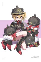 1girl absurdres black_boots black_gloves black_helmet black_jacket blonde_hair blush boots closed_mouth crossed_bangs full_body garib_(gari_gari_1) gloves half_gloves helmet highres jacket long_hair looking_ahead luciana_de_montefio navel open_clothes open_jacket pig red_eyes short_eyebrows sidelocks simple_background zenless_zone_zero