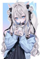 1girl absurdres animal_ear_fluff animal_ears black_choker blue_eyes blue_sweater blush choker commentary_request commission cup double-parted_bangs double_bun drinking_straw drinking_straw_in_mouth floral_print_shirt grey_hair hair_between_eyes hair_bun hair_intakes highres holding holding_cup long_eyelashes looking_at_viewer off-shoulder_sweater off_shoulder original outline outside_border skeb_commission skirt squallea sweater twintails wavy_hair white_outline