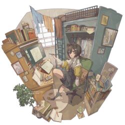 Rule 34 | 1girl, :o, animal ear fluff, animal ears, bedroom, black hair, black skirt, black socks, book, bookshelf, cat ears, cat girl, cat tail, cd case, clothes hanger, collared shirt, commentary request, computer, drawing tablet, full body, green jacket, grey vest, hair between eyes, hair intakes, hair ornament, hairclip, high-waist skirt, holding, holding stylus, indoors, jacket, kneehighs, laptop, long hair, monitor, neck ribbon, neoki ohae, on chair, open clothes, open jacket, open mouth, original, pile of books, plant, ponytail, potted plant, red ribbon, ribbon, shirt, sitting, skirt, slippers, socks, solo, stylus, swivel chair, tail, unworn clothes, unworn slippers, vest, white background, white shirt, yellow eyes