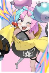 Rule 34 | 1girl, absurdres, blue hair, blush, boots, bow-shaped hair, breasts, character hair ornament, cupt3277, fake hair bun, from above, gen 1 pokemon, grey boots, grey pantyhose, hair ornament, half-closed eye, halter shirt, halterneck, hand up, hexagon print, highres, holding, holding poke ball, iono (pokemon), jacket, long hair, magnemite, medium breasts, multicolored hair, nintendo, open mouth, pantyhose, pink hair, poke ball, poke ball (basic), pokemon, pokemon sv, sharp teeth, single leg pantyhose, sleeves past fingers, sleeves past wrists, smile, solo, split-color hair, teeth, twintails, very long sleeves, x, yellow jacket