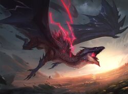 blue_eyes claws cloud cloudy_sky commentary dark_clouds dragon dragon_wings english_commentary flying glowing glowing_mouth highres horizon joshua_raphael looking_ahead magic:_the_gathering mountainous_horizon no_humans outdoors red_lightning scales sharp_teeth sky stormshriek_feral sun sunrise teeth tongue wings
