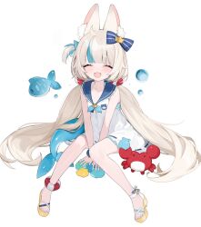 1girl ahoge animal_ear_fluff animal_ears between_legs bikini bikini_under_clothes blonde_hair blue_bikini blue_bow blue_hair blue_sailor_collar blunt_bangs bow cat_ears closed_eyes commentary crab dress english_commentary facing_viewer fangs fins fish_girl fish_tail frilled_shirt_collar frills full_body hair_bow halterneck hand_between_legs highres hoshi_usagi indie_virtual_youtuber long_hair low_twintails multicolored_hair one_side_up open_mouth sailor_collar sameko_saba sandals simple_background sitting sleeveless sleeveless_dress smile solo streaked_hair striped_bikini striped_clothes swimsuit tail toes twintails very_long_hair virtual_youtuber white_background white_dress