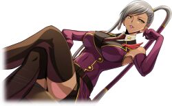 Rule 34 | 1girl, artist request, asymmetrical hair, bare shoulders, belt, black skirt, black thighhighs, breasts, buttons, coat, code geass, code geass: lost stories, collared shirt, covered navel, cropped legs, crossed legs, dark-skinned female, dark skin, dutch angle, elbow gloves, female focus, game cg, gloves, grey hair, hand up, high ponytail, highres, lapel pin, large breasts, lipstick, long hair, looking at viewer, makeup, military uniform, miniskirt, necktie, non-web source, official art, on stool, parted lips, pencil skirt, ponytail, purple coat, purple gloves, purple lips, red necktie, shirt, side ponytail, sidelocks, simple background, sitting, skirt, sleeveless, sleeveless coat, sleeveless shirt, solo, stool, teeth, thighhighs, thighs, transparent background, v-shaped eyebrows, very long hair, villetta nu, white shirt, yellow eyes, zettai ryouiki