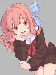 1girl brown_dress dress fang highres kotonoha_akane long_sleeves looking_at_viewer lying on_side open_mouth pink_hair semicolonize skin_fang solo voiceroid