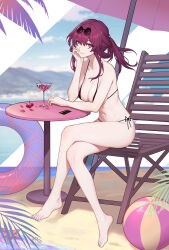 1girl absurdres alternate_costume ball bare_arms bare_legs bare_shoulders barefoot beach_chair beach_umbrella beachball bikini black_bikini breasts cherry cleavage closed_mouth collarbone commentary_request credit_card crossed_legs cup drinking_glass eyewear_on_head feet food fruit full_body glasses halterneck hand_on_own_face highres honkai:_star_rail honkai_(series) innertube kafka_(honkai:_star_rail) large_breasts legs long_hair nail_polish navel outdoors paid_reward_available pince-nez pink_petals ponytail purple_eyes purple_hair purple_nails round_eyewear sand shore side-tie_bikini_bottom sitting smile solo stomach sunglasses swim_ring swimsuit table thighs toenail_polish toenails toes umbrella variant_set yunkaiming