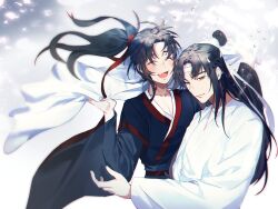 Rule 34 | 2boys, :d, ^ ^, ahoge, black hair, black hanfu, blanket, blush, chinese clothes, closed eyes, closed mouth, collarbone, couple, falling petals, fang, floating hair, hair ribbon, hanfu, headband, highres, holding, holding blanket, jujeop, korean commentary, lan wangji, long hair, long sleeves, male focus, modao zushi, multiple boys, open mouth, parted bangs, pectoral cleavage, pectorals, petals, ponytail, red ribbon, ribbon, robe, sidelocks, skin fang, smile, sunlight, topknot, upper body, water drop, wei wuxian, white hanfu, white headband, wide sleeves, xiao guan (headdress), yaoi, yellow eyes