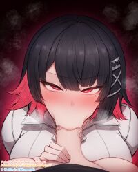 2girls :&gt;= belle_(zenless_zone_zero) black_hair blush breasts bright_pupils censored colored_inner_hair commentary_request ellen_joe ellen_joe_(on_campus) fellatio futa_with_female futanari hair_ornament hand_on_another&#039;s_crotch highres large_breasts looking_at_viewer mole mole_under_eye mosaic_censoring multicolored_hair multiple_girls multiple_moles oral penis pov pov_crotch razor_blade_hair_ornament red_background red_eyes red_hair rikuguma shirt short_hair steam swept_bangs two-tone_hair veins veiny_penis white_pupils white_shirt x_hair_ornament zenless_zone_zero