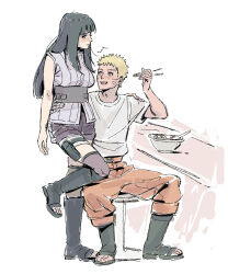 1boy 1girl :d arm_around_shoulder arm_around_waist beerenfuchs black_boots black_hair blonde_hair boots bowl chopsticks closed_mouth commentary couple english_commentary facial_mark full_body hetero highres holding holding_chopsticks husband_and_wife hyuuga_hinata leg_up long_hair looking_at_another naruto:_the_last naruto_(series) open-toe_boots open_mouth orange_pants pants shirt short_hair short_sleeves shorts sitting sleeveless sleeveless_shirt smile standing standing_on_one_leg teeth upper_teeth_only uzumaki_naruto whisker_markings white_background white_shirt