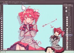 Rule 34 | 1girl, :o, ahoge, bow, buttons, chiru da, clip studio paint, cursor, dated, desktop mate, drill hair, feet out of frame, foreground text, grey jacket, grey skirt, hair between eyes, hair bow, hands on own face, hands up, jacket, kasane teto, kasane teto (sv), long sleeves, looking at viewer, open mouth, red eyes, red hair, shoulder belt, signature, skirt, synthesizer v, twin drills, user interface, white bow