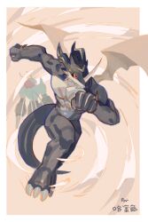Rule 34 | 765 nanami, absurdres, black scales, digimon, digimon (creature), dragon, full body, highres, horns, red eyes, single horn, solo focus, stingmon, white wings, wings, xv-mon (black)