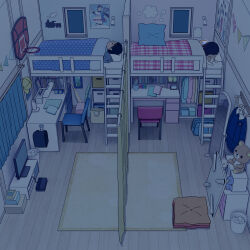 1boy 1girl bra brother_and_sister cat curtains desk dressing fixed-point_camera full_body highres indoors kiyo_(kyokyo1220) loft_bed lying male_underwear night on_bed ootani_shouhei original panties shirt siblings sleeping standing television time_lapse underwear white_bra white_male_underwear white_panties white_shirt window