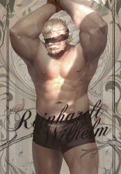 1boy abs bara beard black_male_underwear blindfold bound bound_wrists boxers bulge character_name erection erection_under_clothes facial_hair feet_out_of_frame large_pectorals luerstine male_focus male_underwear mature_male muscular muscular_male navel navel_hair nipples old old_man overwatch overwatch_1 pectorals reinhardt_(overwatch) rope scar scar_across_eye scar_on_face short_hair solo standing stomach thick_thighs thighs topless_male underwear underwear_only white_hair