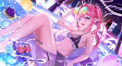 1girl absurdres adjusting_eyewear ahoge ball bikini building camila_(vtuber) chair cimp_(camila_(vtuber)) eyelashes eyewear_on_head facial_mark fang gradient-tinted_eyewear hair_intakes highres indie_virtual_youtuber long_hair looking_at_viewer multicolored_hair nano_popo02 navel night open_mouth pink_hair pool pool_ladder purple_eyes round_eyewear smile solo_focus star_(sky) stomach streaked_hair sunglasses swim_ring swimsuit tinted_eyewear twintails umbrella virtual_youtuber water water_drop white_hair